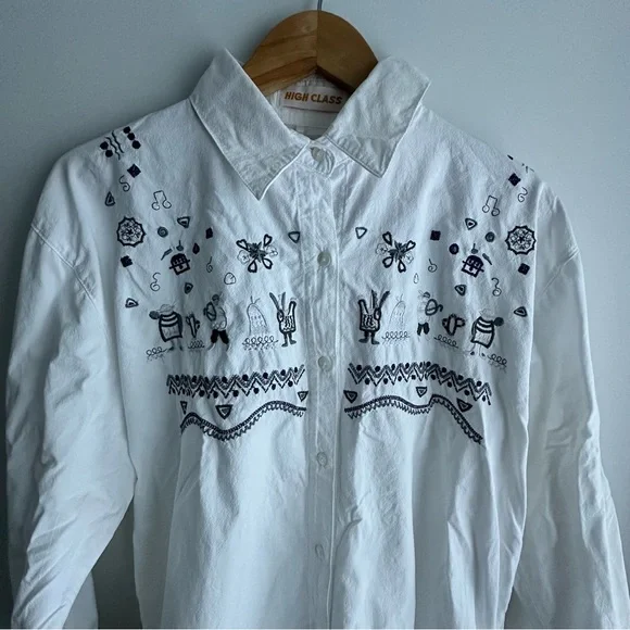 Vintage Women White Embroidered Button-Up Shirt - Picture 3 of 6